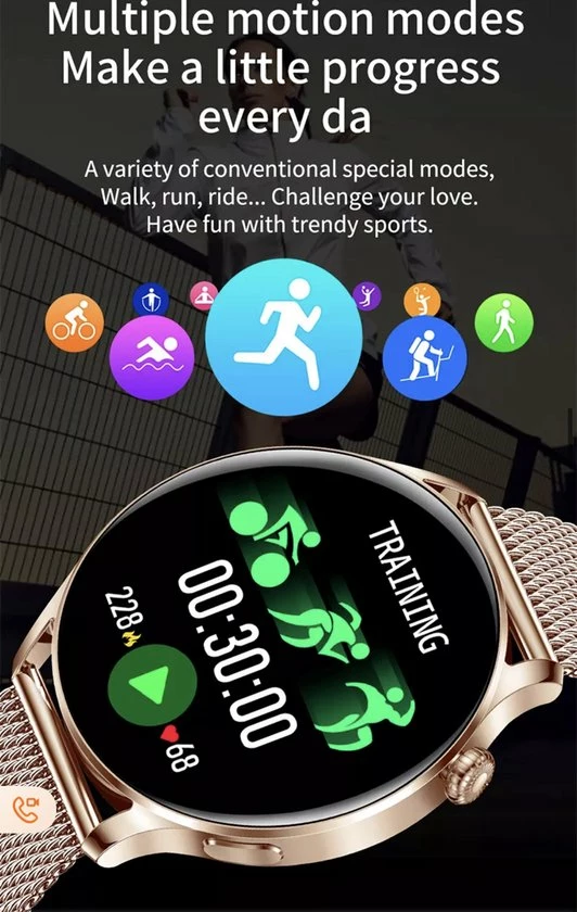 Korting 🔔 Smartwatch Rankos AK37 - Sporthorloge Goud Staal Schakel Bandje - Fitness - Stappenteller - Hartslag - Slaapmonitor - Bluetooth Bellen-Bel/message Herinnering - Camera Bediening-IP67 Waterbestendig - Met APP-Weer Informatie -Stopwatch - Muziek ✨ 13 Korting 🔔 Smartwatch Rankos AK37 - Sporthorloge Goud Staal Schakel Bandje - Fitness - Stappenteller - Hartslag - Slaapmonitor - Bluetooth Bellen-Bel/message Herinnering - Camera Bediening-IP67 Waterbestendig - Met APP-Weer Informatie -Stopwatch - Muziek ✨ - Afbeelding 11