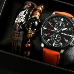 Beste Verkoop 👏 Fiory Horloge/Armband Set | Keller & Weber| 1 Horloge Bruine Band| 1 Leren Gevlochten Armband Bruin | 1 Kralenarmband Bruin/zwart 🤩