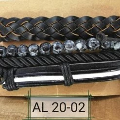 Korting 😀 Lili 41 Leren Armband Set Met Trekkoord /elastiek Leer/kralen, Zwart/grijs/wit, 4-delig 😉