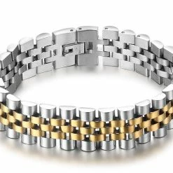 Aanbiedingen 🛒 TrendFox Jubilee Stijl Armband - Horelogeband Stijl - Zilver / Goud Kleurig - Staal - 15mm - Armband Mannen - Armband Heren - Sinterklaas Cadeautjes 💯