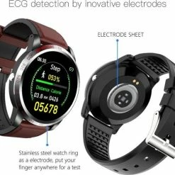 Top 10 🤩 Belesy® Tachy - Smartwatch Heren - Smartwatch Dames - Horloge - Stappenteller - Hart ECG - 1.3 Inch - Kleurenscherm - Donker Bruin - Leer 💯 -Sieraden-horloges Winkel 550x499