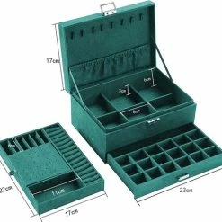 Beste Verkoop 🌟 Withosent Sieradendoos, Sieradendoosje Van Fluweel Met 2 Niveaus, Sieradendoos Voor Dames, Sieradendoos Voor Ringen, Oorbellen, Halskettingen En Horloges, Met Slot En Sleutel, Donkergroen ❤️ -Sieraden-horloges Winkel 550x510 3