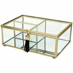 Beste Pirce ๐ Erasmus Group Benelux Luxe Glazen Sieradendoosje - Metalen Frame - Goud - 18 X 12.5 X 6.5 Cm ๐