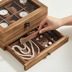 Top 10 ✔️ HMTM Horlogekast Met 8 Vakken, Horlogekast Van Massief Hout, Met Glazen Deksel, Voor Ringen, Armbanden En Kettingen, Walnootkleurig HMOW008K01 😍 -Sieraden-horloges Winkel 550x550 1245