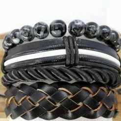 Korting 😀 Lili 41 Leren Armband Set Met Trekkoord /elastiek Leer/kralen, Zwart/grijs/wit, 4-delig 😉 -Sieraden-horloges Winkel 550x550 591