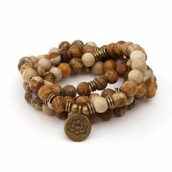 Coupon 💯 Mala Kralenketting Aarde Lotus, 108 Picasso Jaspis Edelsteen Kralen Armband - Vrouwen / Mannen - Rozenkrans - Bruin - Meditatie Ketting - Boeddhisme - Sparkolia 👍