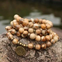 Coupon 💯 Mala Kralenketting Aarde Lotus, 108 Picasso Jaspis Edelsteen Kralen Armband - Vrouwen / Mannen - Rozenkrans - Bruin - Meditatie Ketting - Boeddhisme - Sparkolia 👍 -Sieraden-horloges Winkel 550x550 852