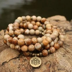 Coupon 💯 Mala Kralenketting Aarde Lotus, 108 Picasso Jaspis Edelsteen Kralen Armband - Vrouwen / Mannen - Rozenkrans - Bruin - Meditatie Ketting - Boeddhisme - Sparkolia 👍 -Sieraden-horloges Winkel 550x550 853