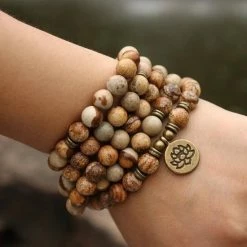 Coupon 💯 Mala Kralenketting Aarde Lotus, 108 Picasso Jaspis Edelsteen Kralen Armband - Vrouwen / Mannen - Rozenkrans - Bruin - Meditatie Ketting - Boeddhisme - Sparkolia 👍 -Sieraden-horloges Winkel 550x550 854