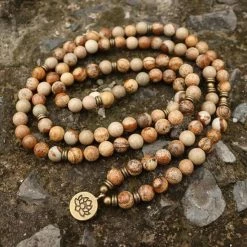 Coupon 💯 Mala Kralenketting Aarde Lotus, 108 Picasso Jaspis Edelsteen Kralen Armband - Vrouwen / Mannen - Rozenkrans - Bruin - Meditatie Ketting - Boeddhisme - Sparkolia 👍 -Sieraden-horloges Winkel 550x550 855
