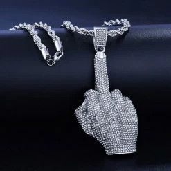 Beste deal 😉 TrendFox Middelvinger Ketting Met Diamantjes (Zirkonia) - Zilver Kleurig - Ketting Heren - Ketting Mannen - Ketting Dames 😉