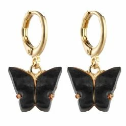 Korting 👍 Fako Bijoux® - Minimalistische Oorbellen - Vlinder Met Acryl - Ring Oorbellen - Goudkleurig - Zwart 🎉