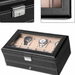 Groothandel 🌟 Songmics Luxe Horlogedoos Met Kussentjes - Horloge Opbergbox Houder Kist - Opbergkist Heren/Dames - Zwart Leer - 12 Horloges Compartimenten 👏 -Sieraden-horloges Winkel 550x566 2