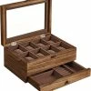 Top 10 ✔️ HMTM Horlogekast Met 8 Vakken, Horlogekast Van Massief Hout, Met Glazen Deksel, Voor Ringen, Armbanden En Kettingen, Walnootkleurig HMOW008K01 😍