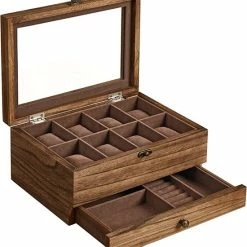 Top 10 โ๏ธ HMTM Horlogekast Met 8 Vakken, Horlogekast Van Massief Hout, Met Glazen Deksel, Voor Ringen, Armbanden En Kettingen, Walnootkleurig HMOW008K01 ๐
