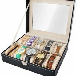 Gloednieuw โญ Merkloos Luxe Horlogedoos Met Kussentjes - Horloge-Opbergbox Houder Kist - Opbergkist Heren/Dames - Zwart Leer - 10 Horloges Compartimenten ๐