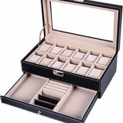 Groothandel ๐ Songmics Luxe Horlogedoos Met Kussentjes - Horloge Opbergbox Houder Kist - Opbergkist Heren/Dames - Zwart Leer - 12 Horloges Compartimenten ๐