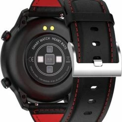 Beste Pirce 😀 Belesy® Faces - Smartwatch Heren - Smartwatch Dames - Horloge - Stappenteller - Bloeddruk - 1.3 Inch - Kleurenscherm - Full Touch - 14x Dial Face - Zwart/Rood - Leer 🔥 -Sieraden-horloges Winkel 550x653