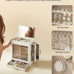 Kopen 🎉 HMTM Sieradendoos, Juwelendoos Met 5 Niveaus, Juwelendoos Met Glazen Deksel, Zijlades, Verticaal Opbergen, Grote Spiegel, Modern, Opbergen Van Juwelen HMBC162W01 😍 -Sieraden-horloges Winkel 550x654