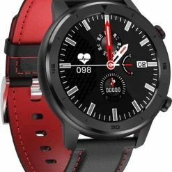 Beste Pirce 😀 Belesy® Faces - Smartwatch Heren - Smartwatch Dames - Horloge - Stappenteller - Bloeddruk - 1.3 Inch - Kleurenscherm - Full Touch - 14x Dial Face - Zwart/Rood - Leer 🔥
