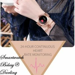 Kopen 😉 Belesy® DARLING Crystal- Smartwatch Dames - Horloge - 1.04 Inch - Kleurenscherm - Stappenteller - Bloeddruk - Hartslag - Staal – Schakelband - Rose Goud 🌟 -Sieraden-horloges Winkel 550x681