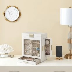 Kopen 🎉 HMTM Sieradendoos, Juwelendoos Met 5 Niveaus, Juwelendoos Met Glazen Deksel, Zijlades, Verticaal Opbergen, Grote Spiegel, Modern, Opbergen Van Juwelen HMBC162W01 😍