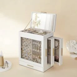 Kopen 🎉 HMTM Sieradendoos, Juwelendoos Met 5 Niveaus, Juwelendoos Met Glazen Deksel, Zijlades, Verticaal Opbergen, Grote Spiegel, Modern, Opbergen Van Juwelen HMBC162W01 😍 -Sieraden-horloges Winkel 550x687 8