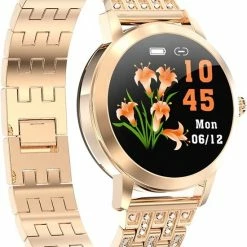 Kopen 😉 Belesy® DARLING Crystal- Smartwatch Dames - Horloge - 1.04 Inch - Kleurenscherm - Stappenteller - Bloeddruk - Hartslag - Staal – Schakelband - Rose Goud 🌟 -Sieraden-horloges Winkel 550x731 1